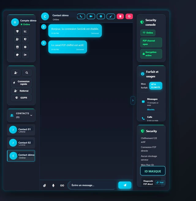 Conversation de démonstration SecLink : connexion établie et canal P2P chiffré actif.